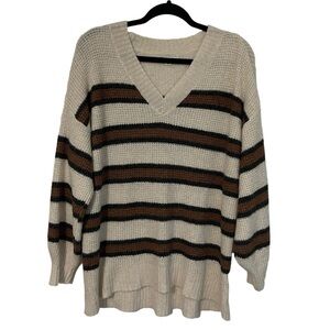 American Eagle Sweater Womens Medium Cream Brown Striped Knit Stretch V-Neck